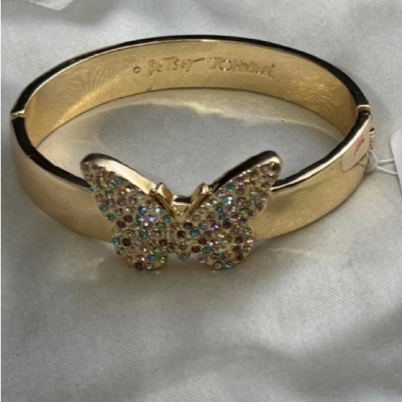BETSEY JOHNSON Crystal-Studded Gold-Tone Butterfly Hinged Cuff Bracelet NWT - Picture 1 of 4